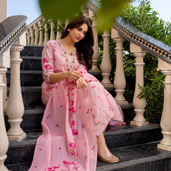 Women's Printed Chanderi Kurti Set with Printed Dupatta
