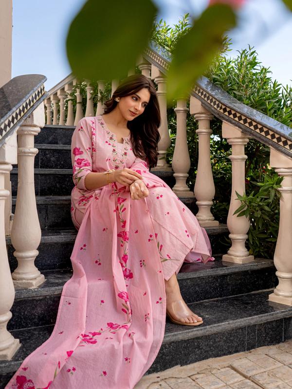 Women's Printed Chanderi Kurti Set with Printed Dupatta