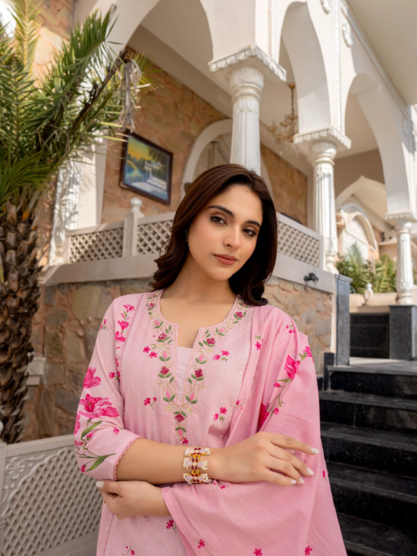 Women's Printed Chanderi Kurti Set with Printed Dupatta
