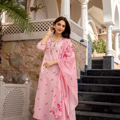 Women's Printed Chanderi Kurti Set with Printed Dupatta