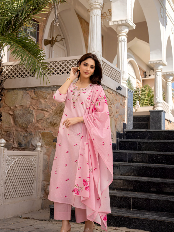 Women's Printed Chanderi Kurti Set with Printed Dupatta