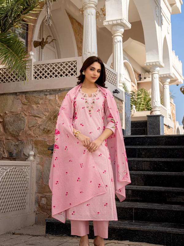 Women's Printed Chanderi Kurti Set with Printed Dupatta