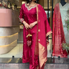 Women’s Viscose Chanderi Embroidered Straight Kurta With Bottom & Jacquard Dupatta Set
