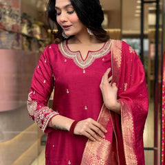Women’s Viscose Chanderi Embroidered Straight Kurta With Bottom & Jacquard Dupatta Set