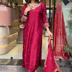 Women’s Viscose Chanderi Embroidered Straight Kurta With Bottom & Jacquard Dupatta Set