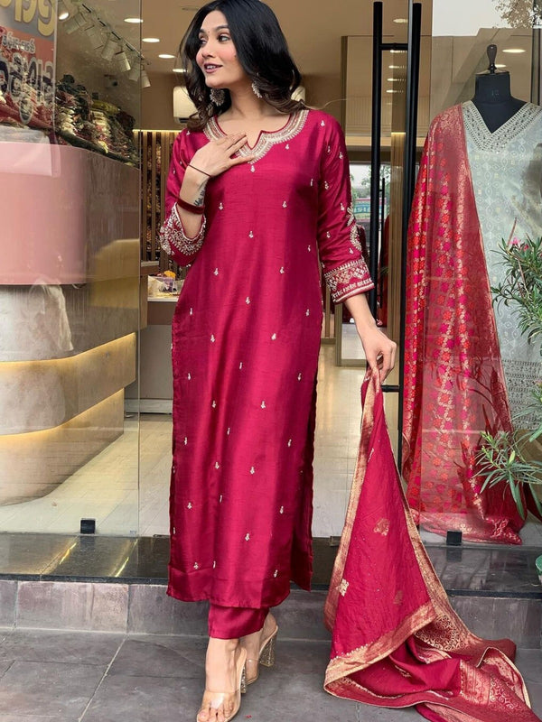 Women’s Viscose Chanderi Embroidered Straight Kurta With Bottom & Jacquard Dupatta Set
