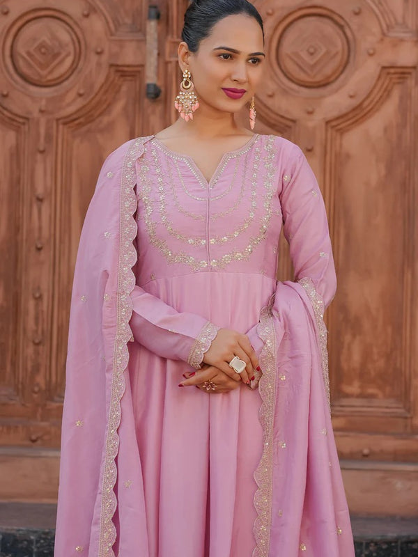 Women's Vichitra Silk Embroidered Kurta Palazzo & Dupatta Set
