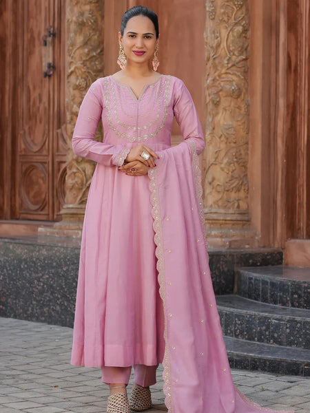Women's Vichitra Silk Embroidered Kurta Palazzo & Dupatta Set