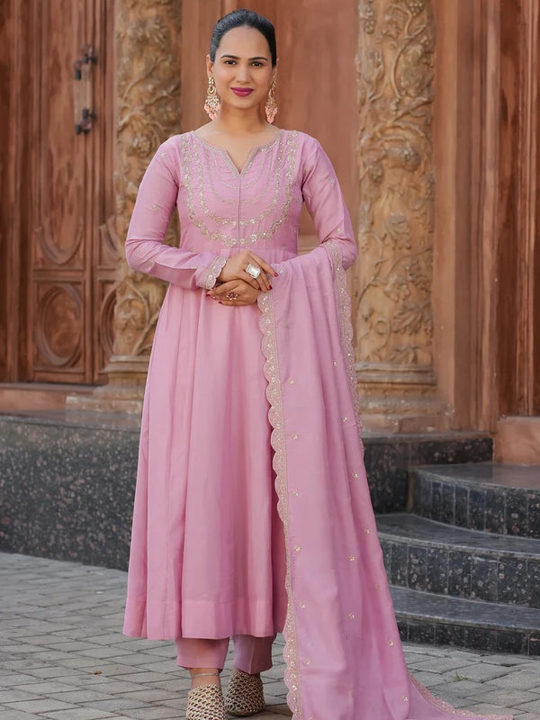 Women's Vichitra Silk Embroidered Kurta Palazzo & Dupatta Set