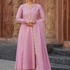 Women's Vichitra Silk Embroidered Kurta Palazzo & Dupatta Set