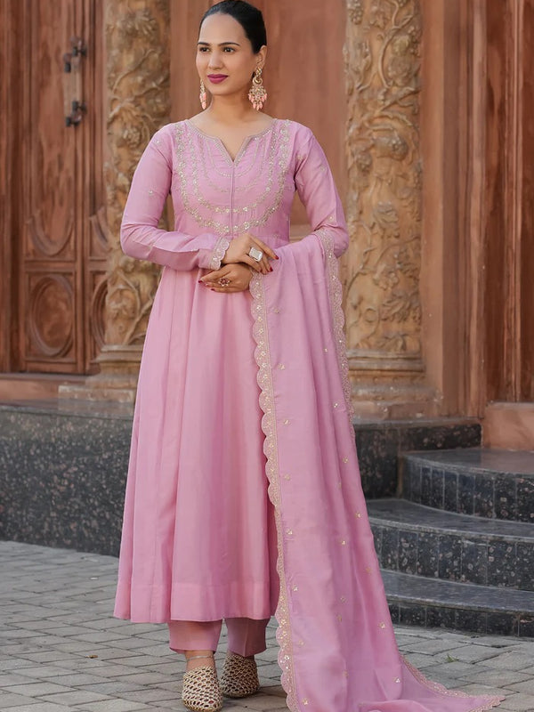 Women's Vichitra Silk Embroidered Kurta Palazzo & Dupatta Set