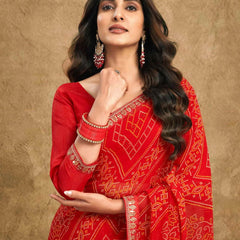 Women's Festive Bandhej Lace Border Ethnic Saree with Matching Blouse Piece