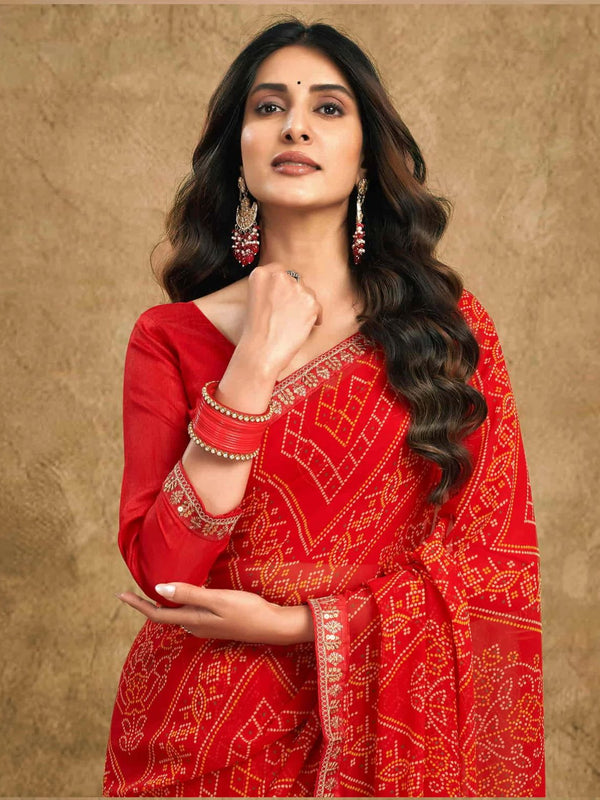 Women's Festive Bandhej Lace Border Ethnic Saree with Matching Blouse Piece