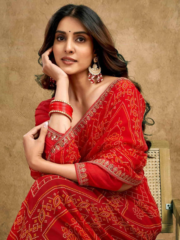 Women's Festive Bandhej Lace Border Ethnic Saree with Matching Blouse Piece