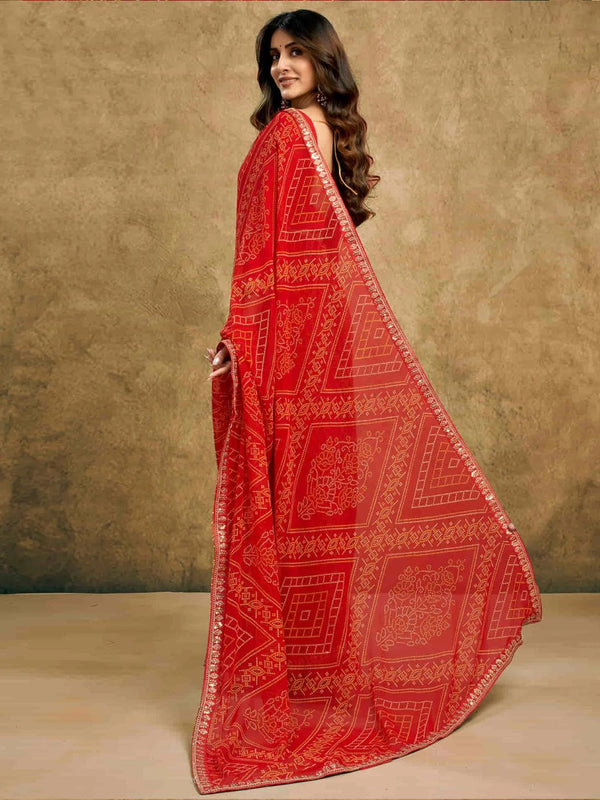 Women's Festive Bandhej Lace Border Ethnic Saree with Matching Blouse Piece