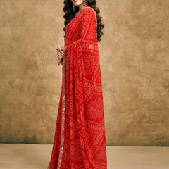 Women's Festive Bandhej Lace Border Ethnic Saree with Matching Blouse Piece