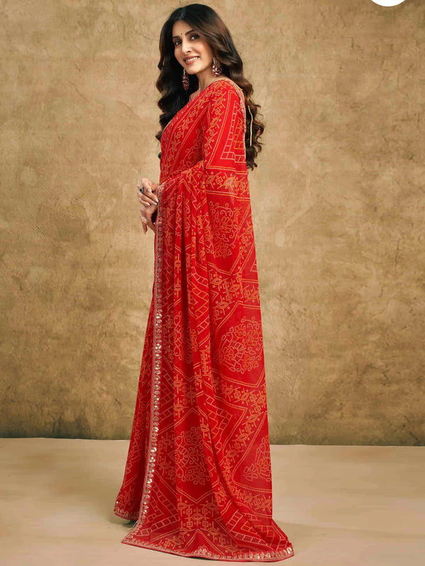 Women's Festive Bandhej Lace Border Ethnic Saree with Matching Blouse Piece
