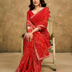 Women's Festive Bandhej Lace Border Ethnic Saree with Matching Blouse Piece