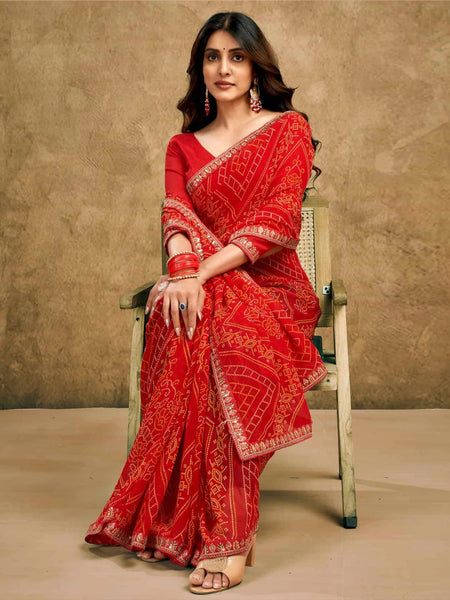 Women's Festive Bandhej Lace Border Ethnic Saree with Matching Blouse Piece