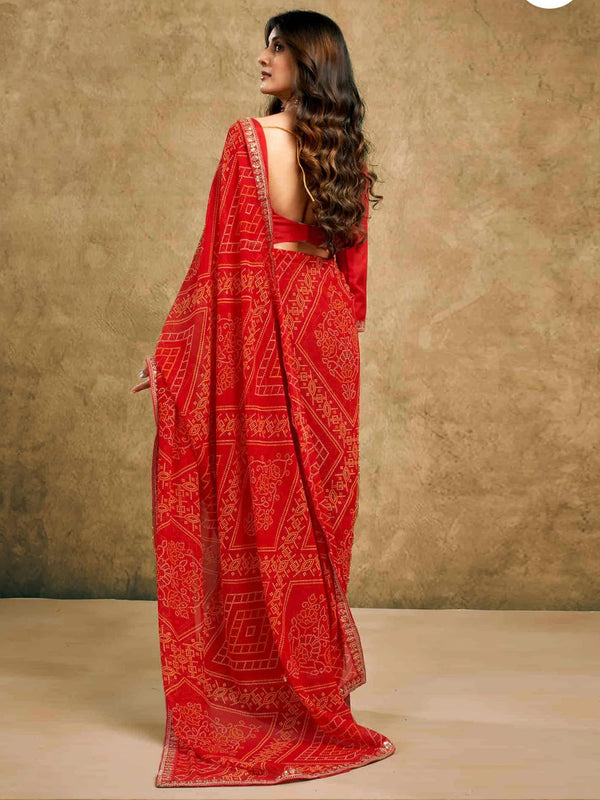 Women's Festive Bandhej Lace Border Ethnic Saree with Matching Blouse Piece