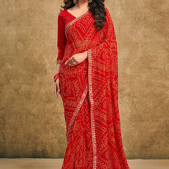 Women's Festive Bandhej Lace Border Ethnic Saree with Matching Blouse Piece