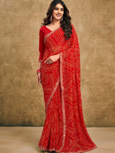 Women's Festive Bandhej Lace Border Ethnic Saree with Matching Blouse Piece