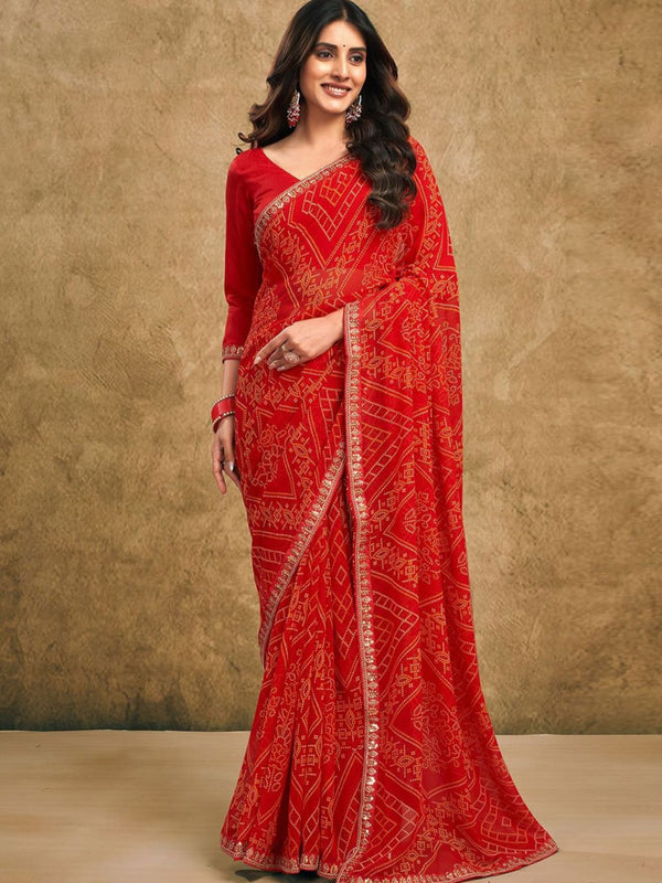Women's Festive Bandhej Lace Border Ethnic Saree with Matching Blouse Piece