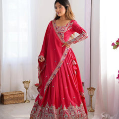 Women's Chinon Embroidered Sequin Lehenga Choli with Dupatta