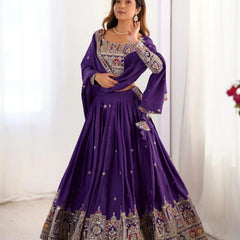 Women's Chinon Embroidered Sequin Lehenga Choli with Dupatta