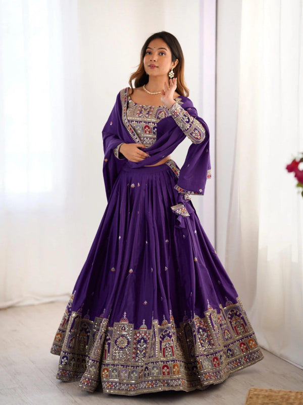 Women's Chinon Embroidered Sequin Lehenga Choli with Dupatta