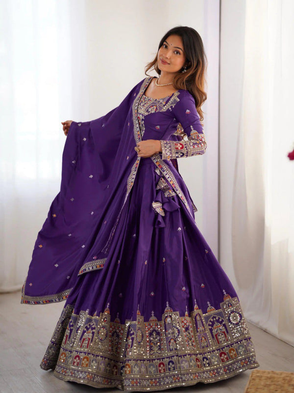 Women's Chinon Embroidered Sequin Lehenga Choli with Dupatta
