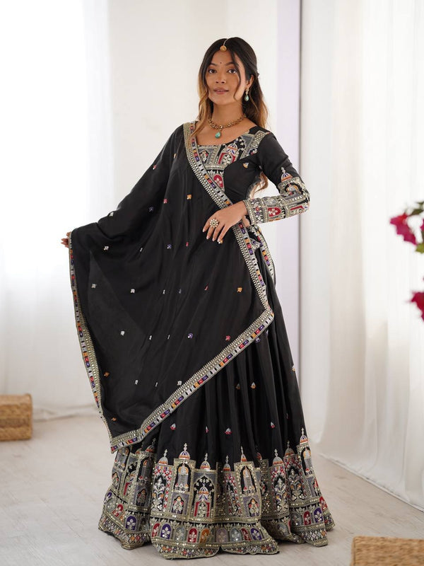 Women's Chinon Embroidered Sequin Lehenga Choli with Dupatta