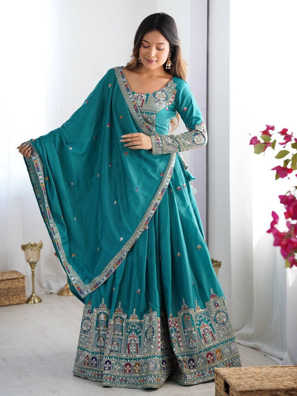 Women's Chinon Embroidered Sequin Lehenga Choli with Dupatta
