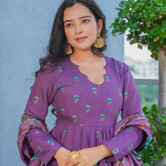 Women's Muslin Printed Kurta with Pant & Chinon Dupatta Set