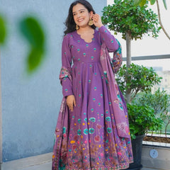 Women's Muslin Printed Kurta with Pant & Chinon Dupatta Set