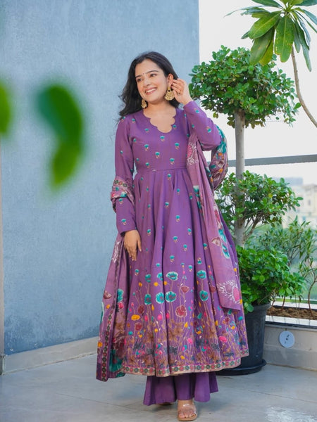 Women's Muslin Printed Kurta with Pant & Chinon Dupatta Set