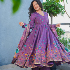Women's Muslin Printed Kurta with Pant & Chinon Dupatta Set