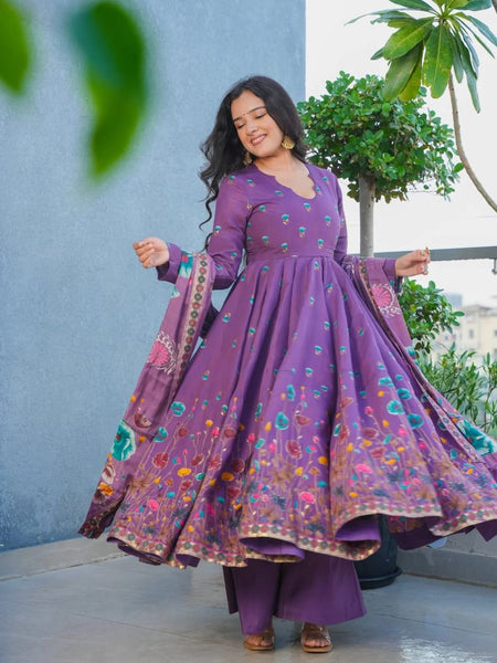 Women's Muslin Printed Kurta with Pant & Chinon Dupatta Set