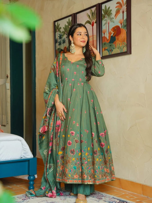 Women's Muslin Printed Kurta with Pant & Chinon Dupatta Set