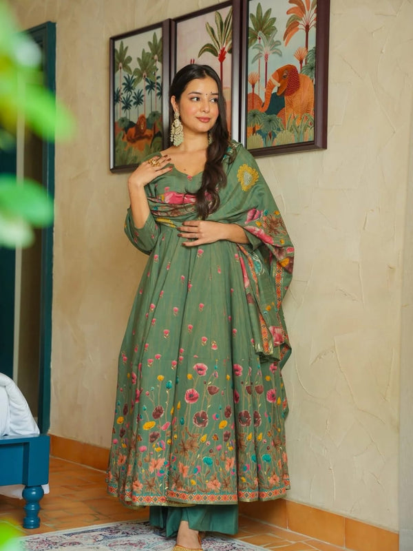 Women's Muslin Printed Kurta with Pant & Chinon Dupatta Set