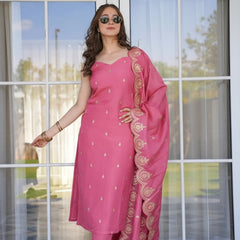 Women's Viscose Zari Chanderi Embroidered Kurta Pant & Dupatta Set