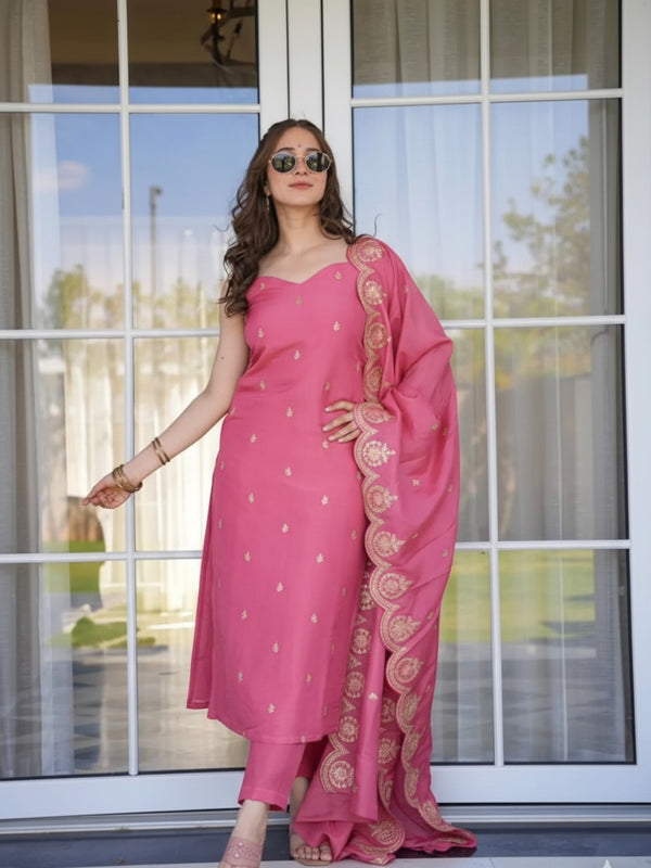 Women's Viscose Zari Chanderi Embroidered Kurta Pant & Dupatta Set