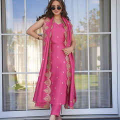 Women's Viscose Zari Chanderi Embroidered Kurta Pant & Dupatta Set