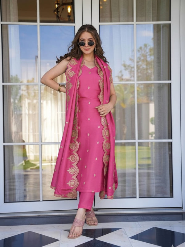 Women's Viscose Zari Chanderi Embroidered Kurta Pant & Dupatta Set