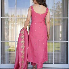 Women's Viscose Zari Chanderi Embroidered Kurta Pant & Dupatta Set