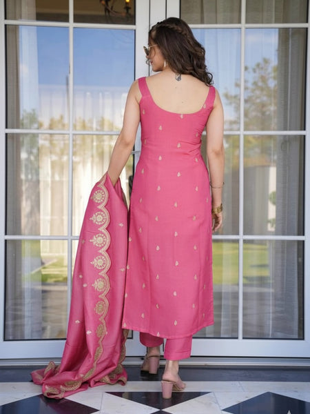 Women's Viscose Zari Chanderi Embroidered Kurta Pant & Dupatta Set