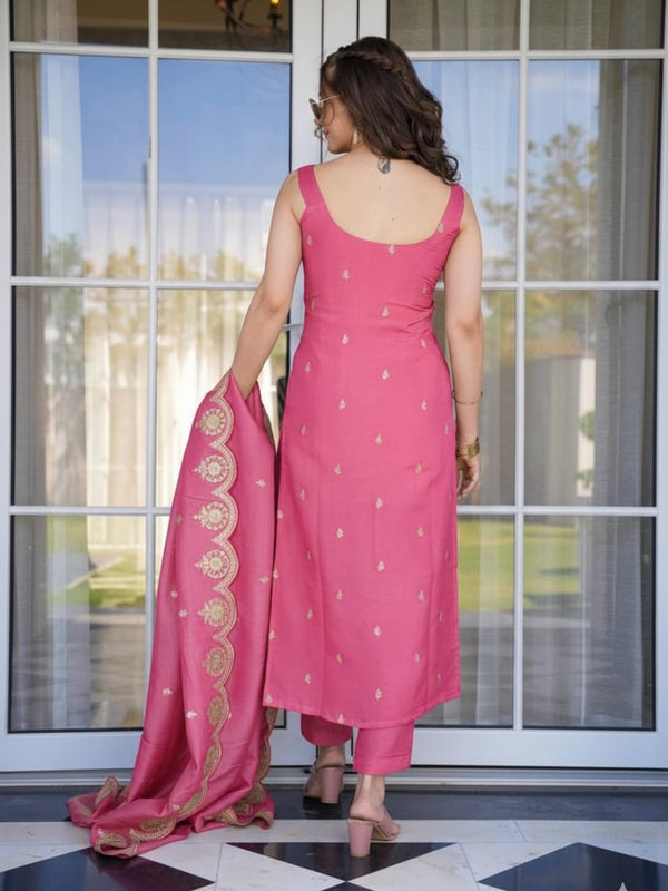 Women's Viscose Zari Chanderi Embroidered Kurta Pant & Dupatta Set