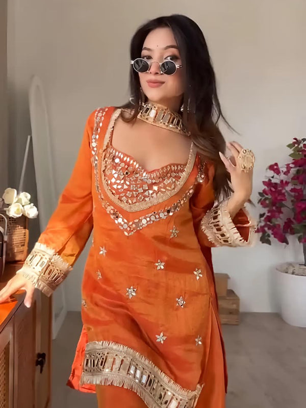 Women's Embroidered Chinon Suit Set With Dupatta
