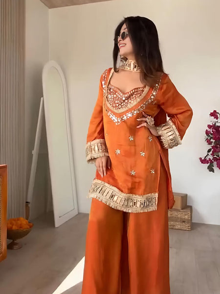 Women's Embroidered Chinon Suit Set With Dupatta