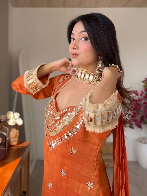 Women's Embroidered Chinon Suit Set With Dupatta